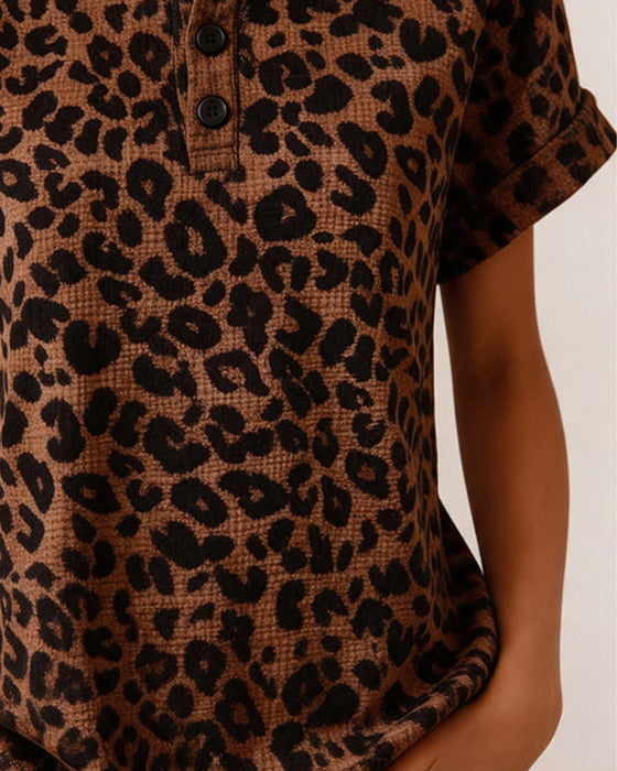 Topp Henley Hals Leopard Tryck Vaffel