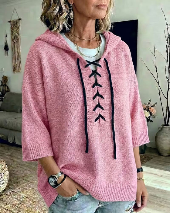 Pullover Knytning Huva Casual