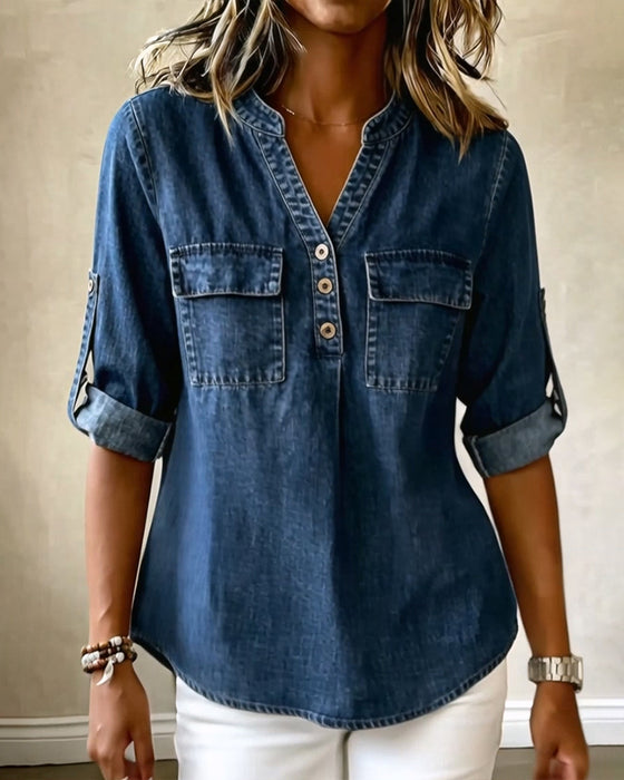 Blus Denim V-Hals Casual
