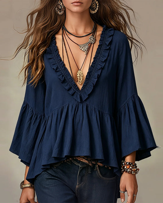Blus V-Hals Scallop Ruffle Kant