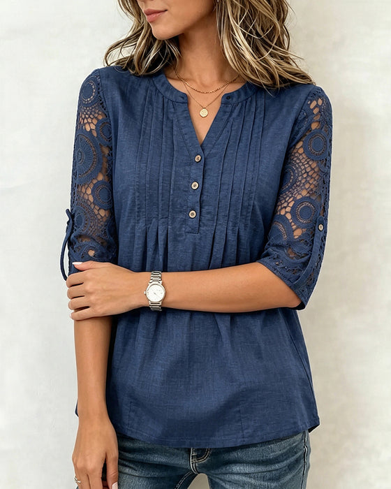 Blus Spets Patchwork Ärm Rynkad