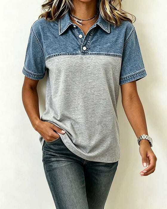 Blus Kort Ärm Skjorta Krage Denim Patchwork