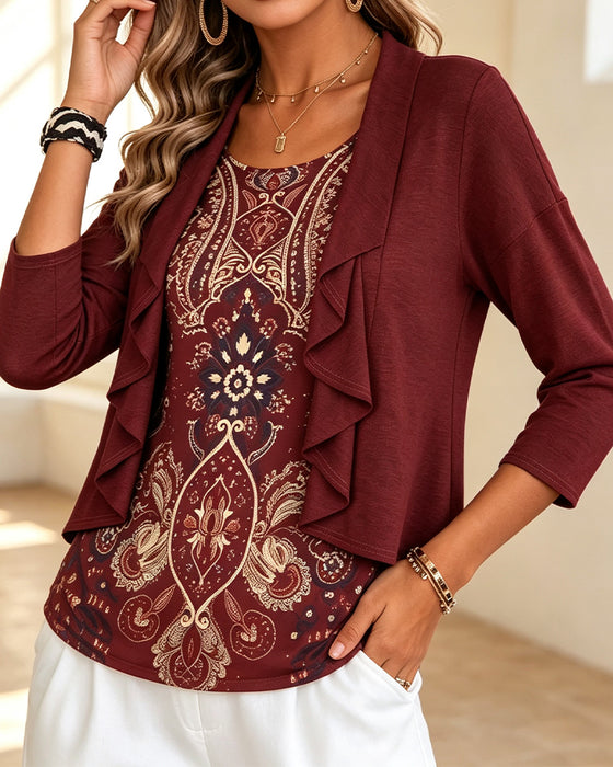 Blus Imitation Tvådelad Ruffle Tryck