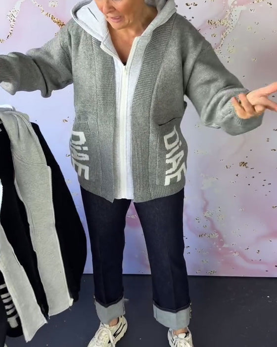 Avslappnad Långärmad Tröjjacka med Bokstäver