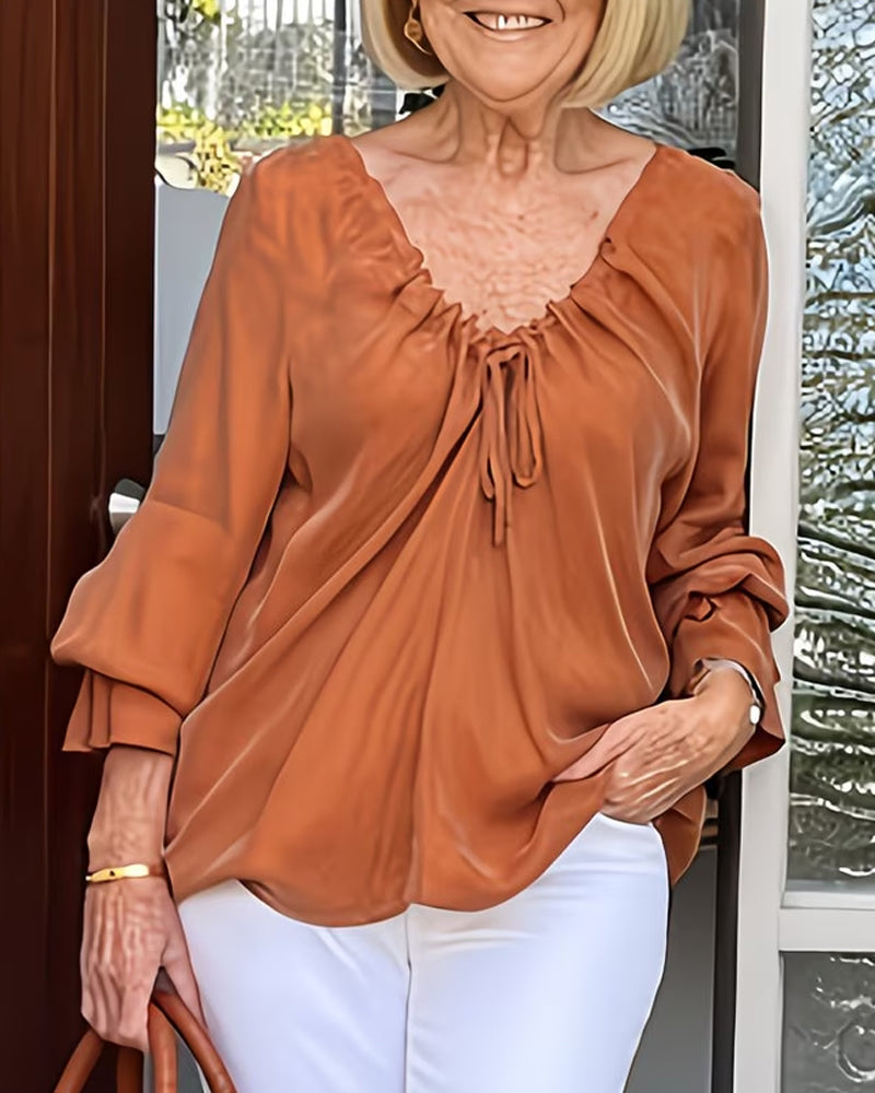 Blus V-Hals Rynkad Knytning Casual