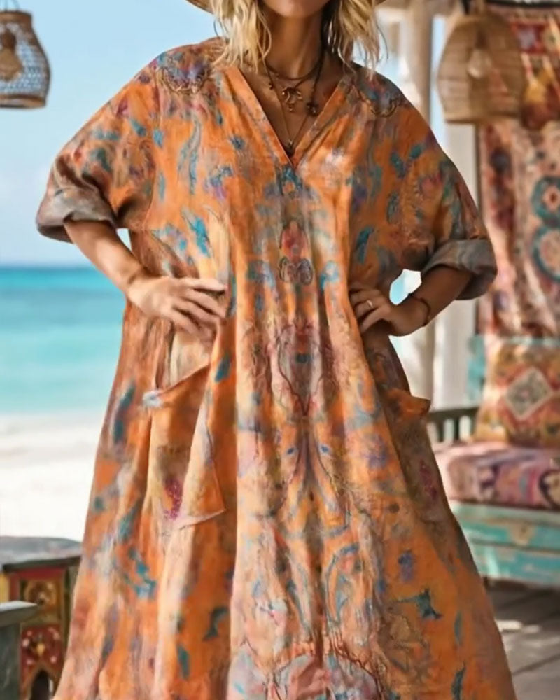 Klänning Retro Blommigt Tryck V-ringning Maxi