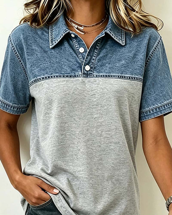 Blus Kort Ärm Skjorta Krage Denim Patchwork