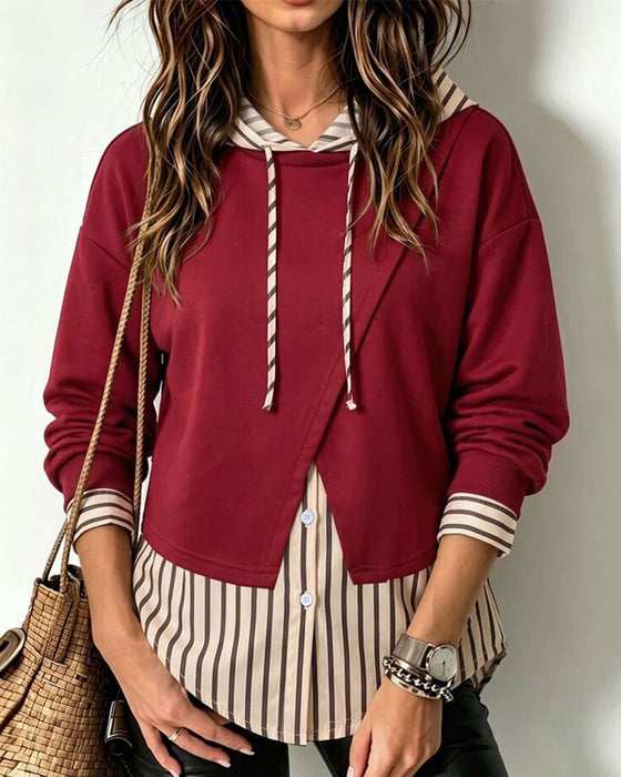 Hoodie Falsk Två Delar Randig Patchwork