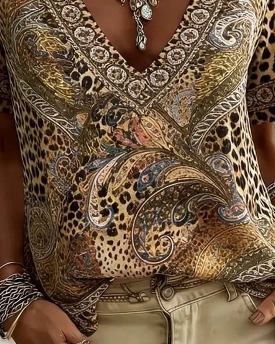 Blus V-Hals Leopard Tryck Kort Ärm Avslappnad