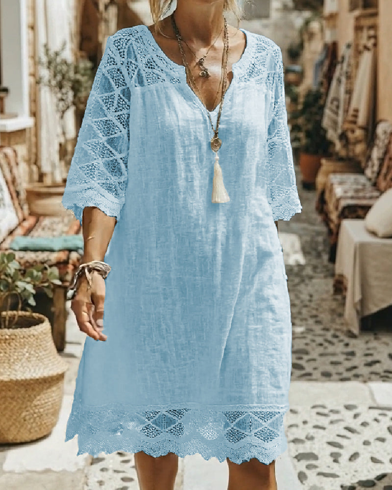 Klänning V-ringning Spets Patchwork Casual