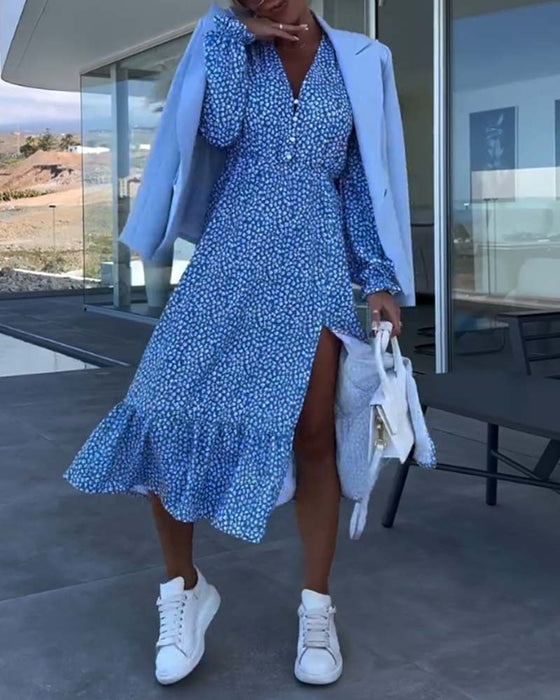 V-ringad blommig patchworkklänning