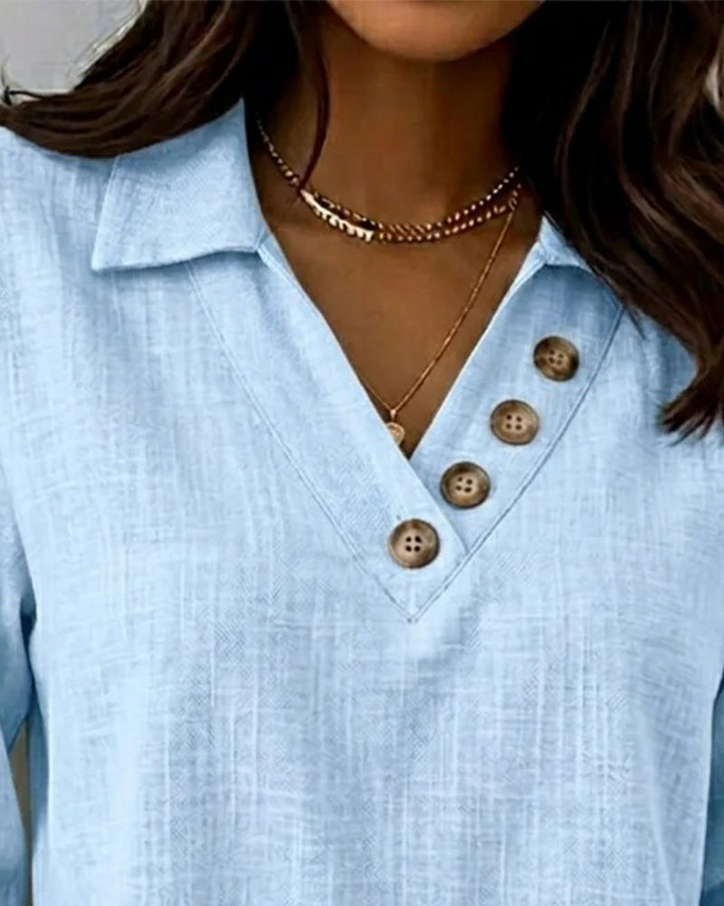Topp Lång Ärm V-Hals Knapp Ner