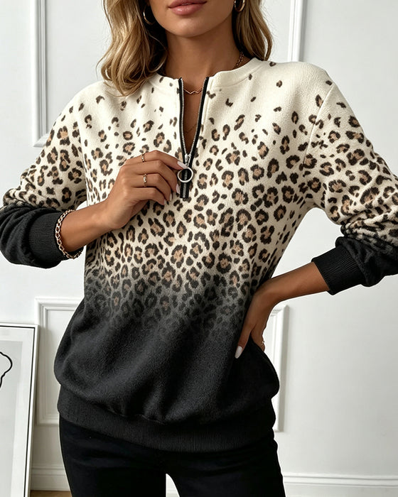 Sweatshirt Blixtlås Gradient Leopardmönster