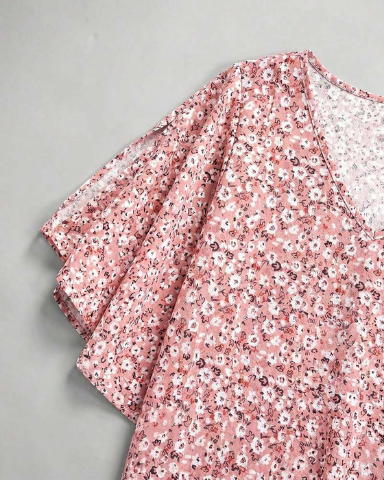 Blus V-Hals Blommig Off-Shoulder Fladder Ärm