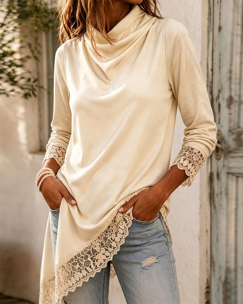 Topp Mock Neck Spets Patchwork Oregelbunden
