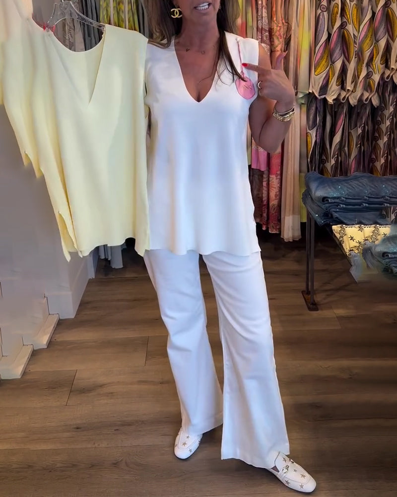 Linne V-Hals Ärmlös Solid