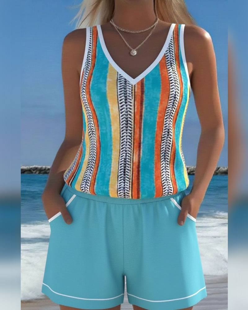 Tankini Badkläder V-Ringning Tryckt