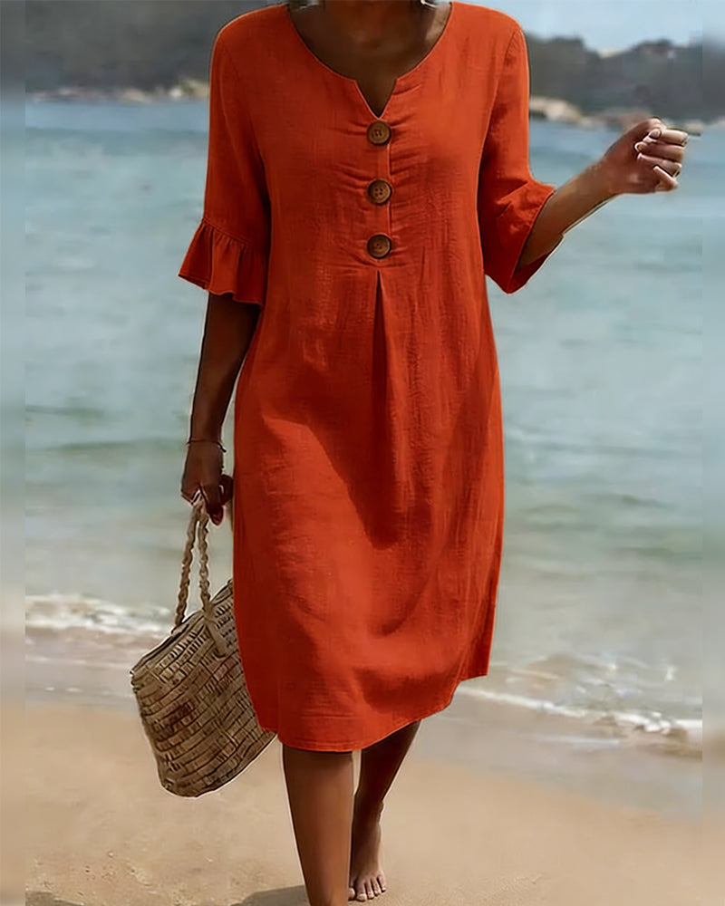 Klänning Knapp Rynkad Ärm 100% Bomull