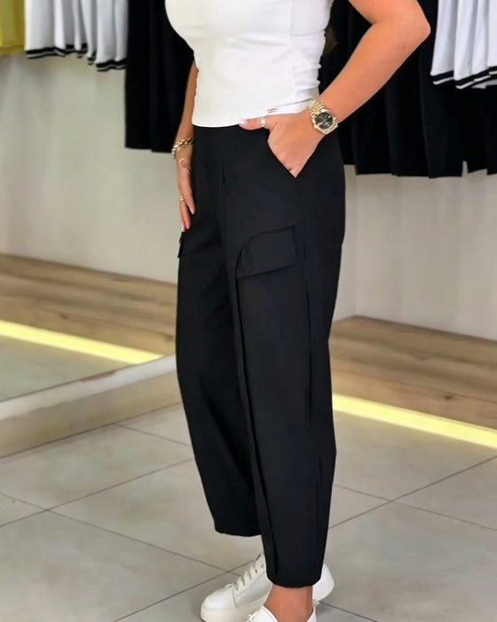Byxor Solid Färg Ficka Kortad Casual