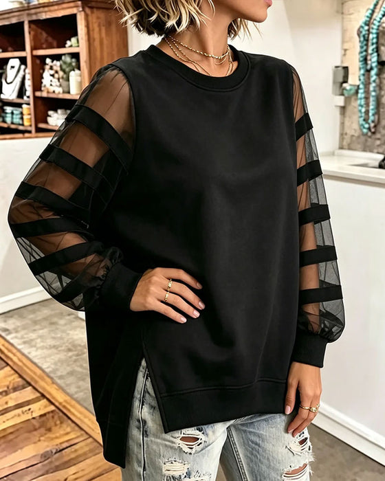 Sweatshirt Rund Hals Slits Solid Färg Tyll