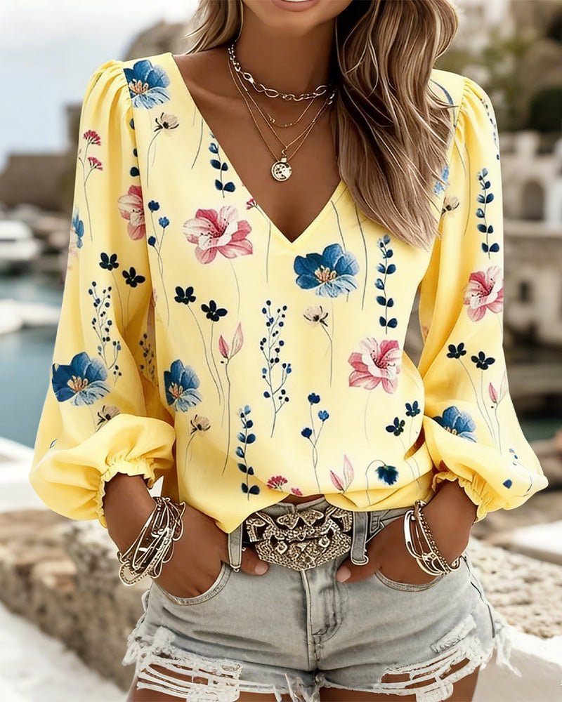 Blus Lykta Ärm V-Hals Blommig