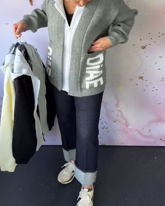 Avslappnad Långärmad Tröjjacka med Bokstäver