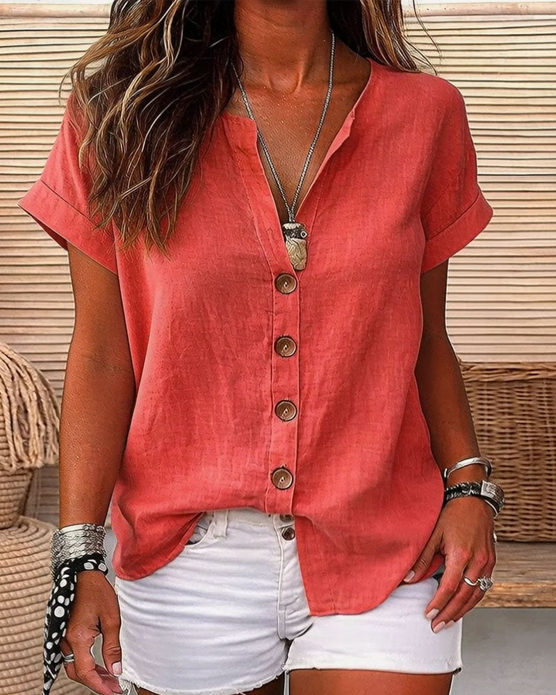 Skjorta V-Hals Enkelknäppt Kort Ärm