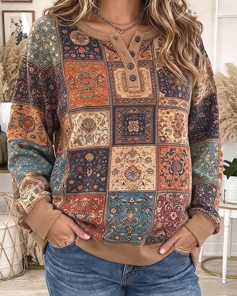Sweatshirt Rund Hals Knappad Rutmönster Kontrast