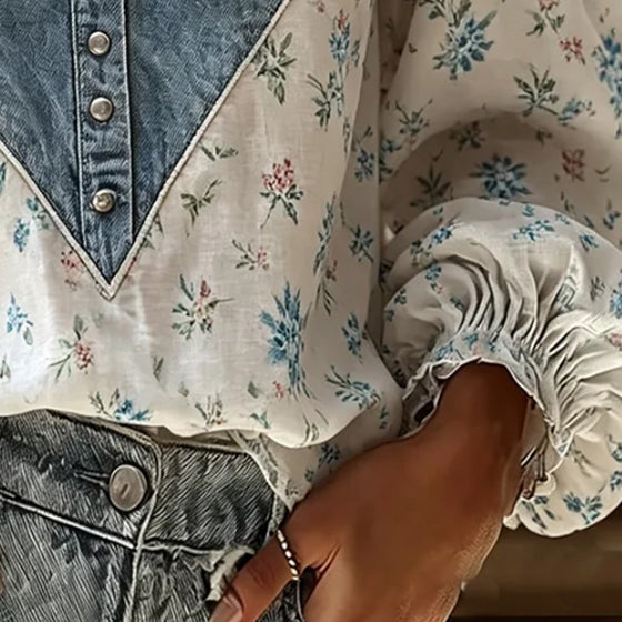 Blus V-Hals Blommönster Puffärm Denim Panel