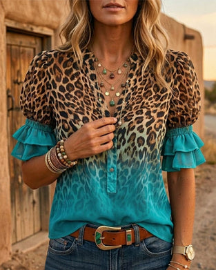 Leopardmönstrad V-Hals Gradient Rynkad Blus