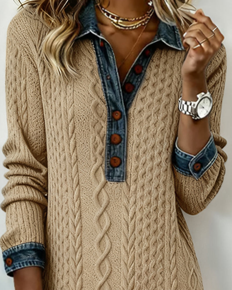 Kragklänning I Denim Med Flätstickning Och Lappverk