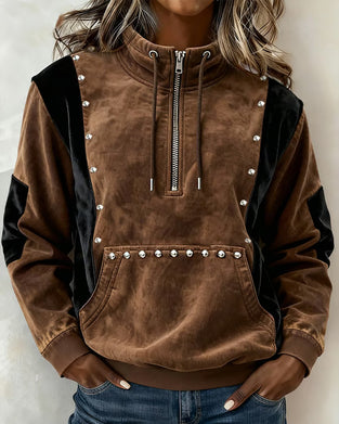 Sweatshirt Blixtlås Färgblock Avslappnad