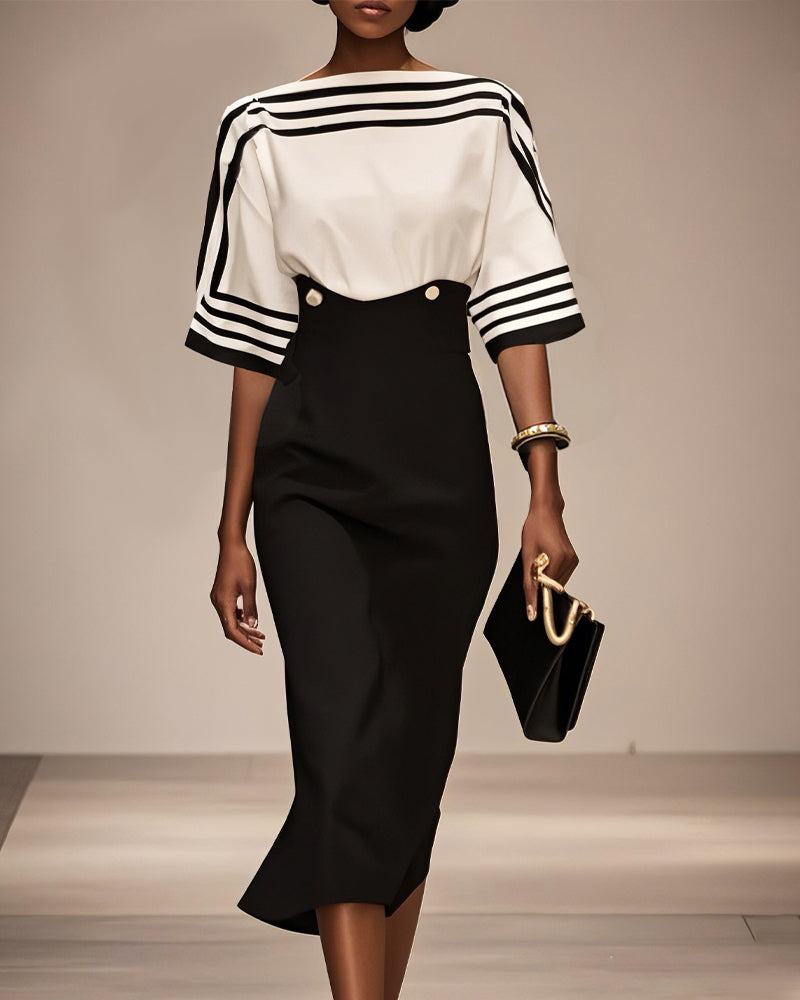 Klänning Stilrandad Kontrast Midja