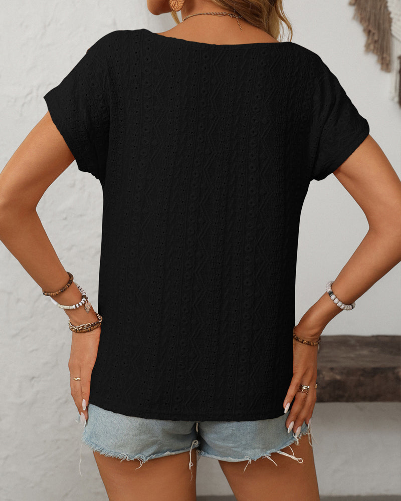 Blus Rund Hals Knapp Urtag Kort Ärme