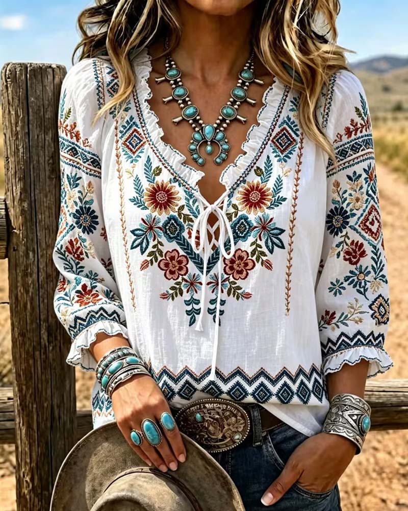 Blus V-Hals Bohemisk Ruffle