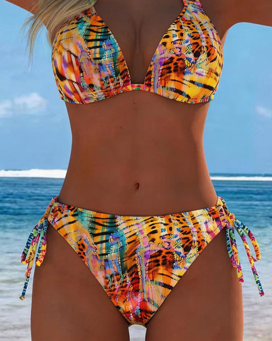 Bikini Färgglad Leopard Tryck Halterneck