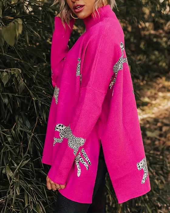 Snygg lös höghalsad tröja med leopardtryck