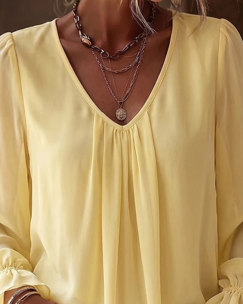 Blus V-Hals Rynkad Puffärm Ruffle