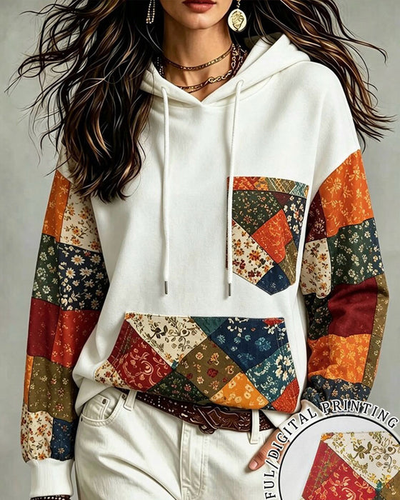 Hoodie Patchwork Tryck Huvförsedd