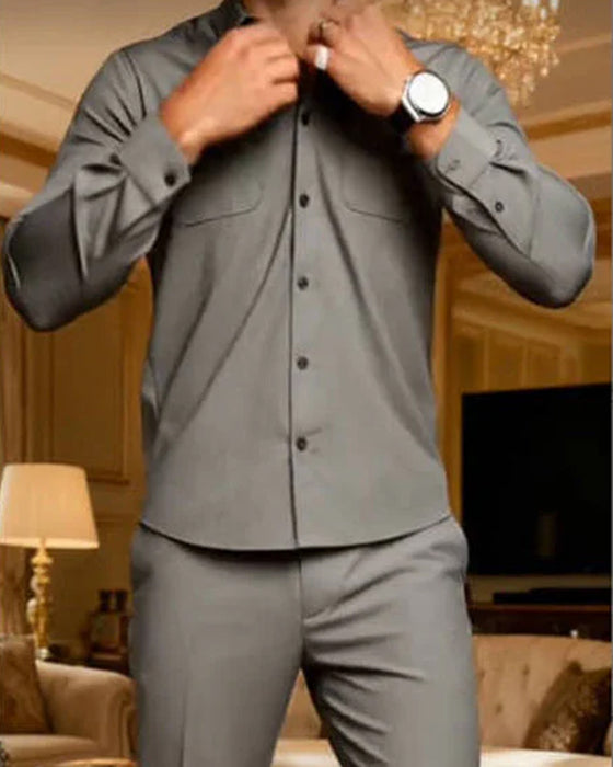 Herr 2-Delad Enfärgad Promenaddräkt - Lös Passform, Skrynkelbeständig, Snygg