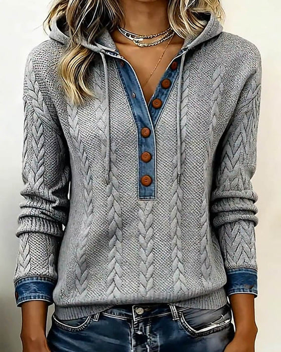 Färgblockad Långärmad Hoodie Med Knappar