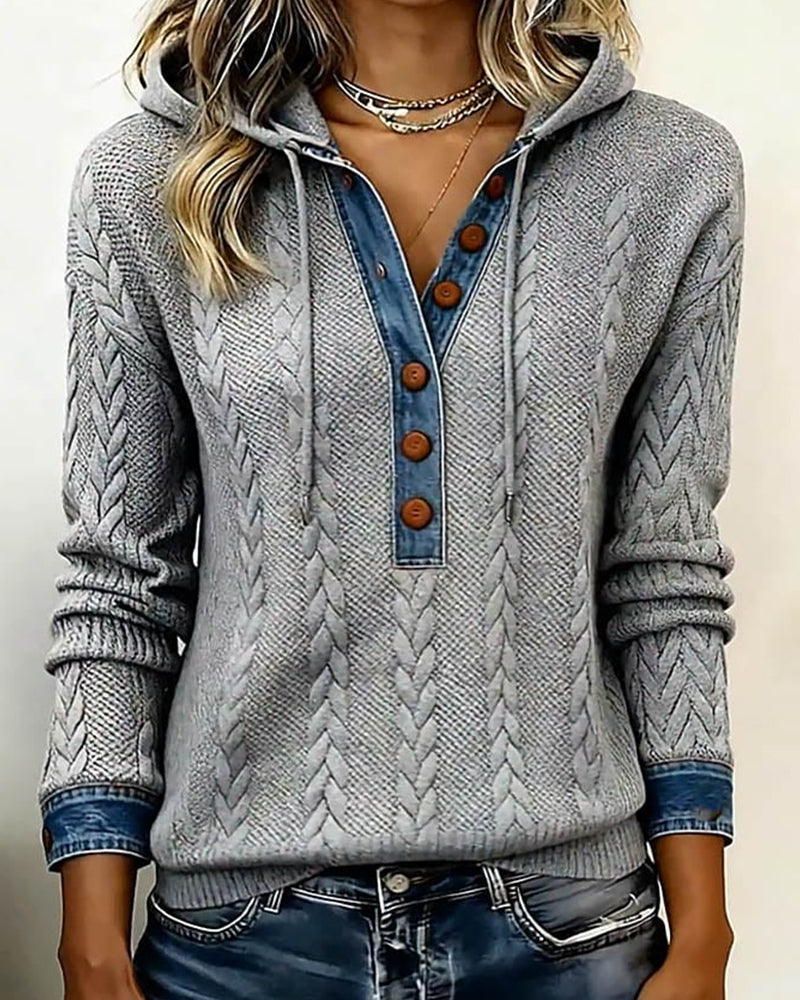 Färgblockad Långärmad Hoodie Med Knappar