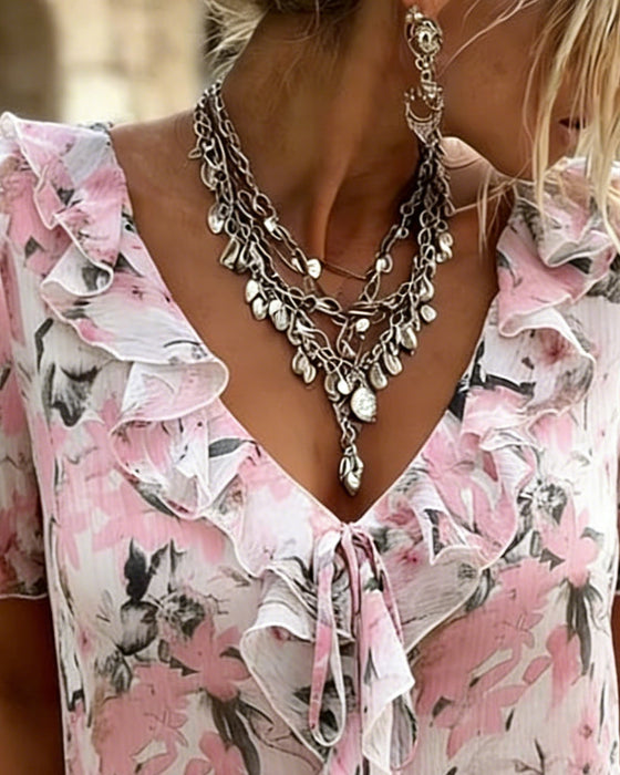 Blus V-Hals Ruffle Bubbel Ärm