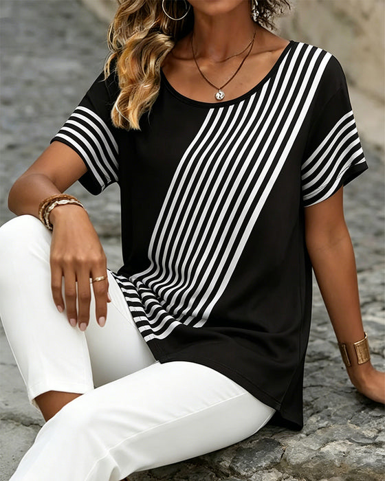 T-Shirt Diagonal Rand Patchwork Rundhalsad