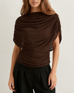 Blouse Mesh Scarf Hals Draped Slim Fit