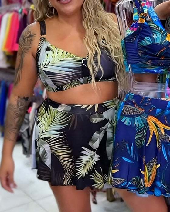 Bikinis Tropiskt Blad Tryck Kjol Tvådelad