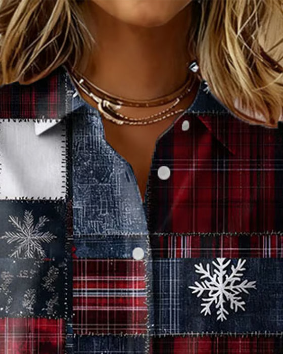 Rutig Skjorta Med Snöflinge- Och Snögubbemönster