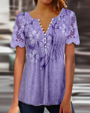 Blus Med Spetsdetalj Rund Hals Tryckt