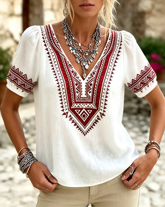 Blus V-Hals Bohemisk Bubbel Ärm