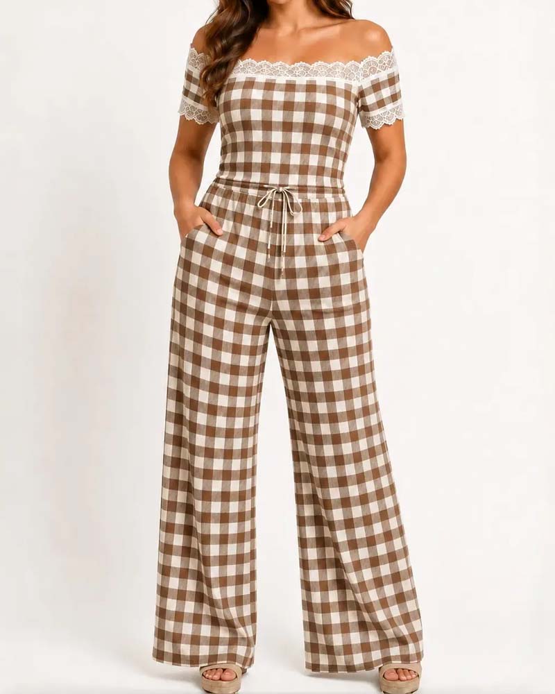 Set Off-Shoulder Spetskant Rand Bred Ben Byxor